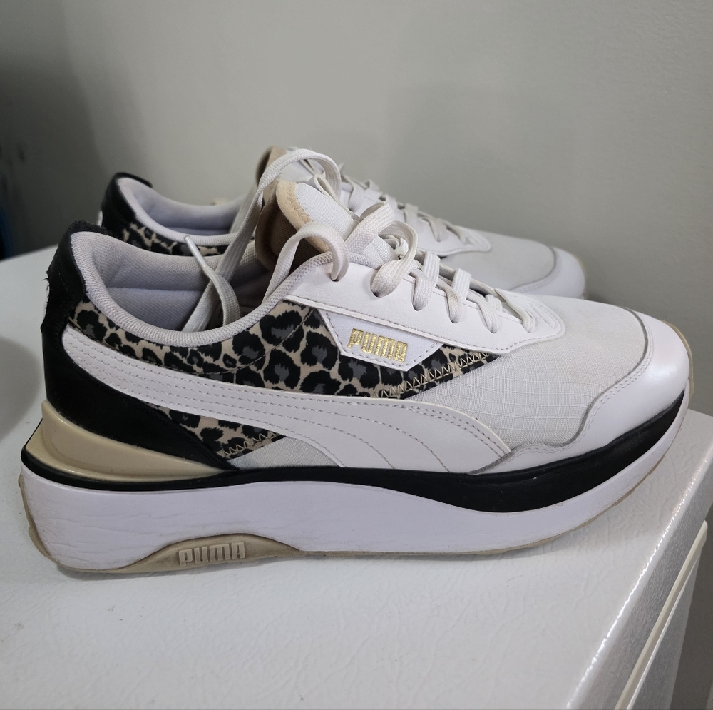 Puma Women's White and Black Sneakers with Leopard Print